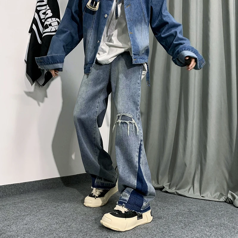 

American Retro Patchwork Jeans Men's High Street Trendy Brand Hole Loose Straight Design Sense Wide Leg Pants