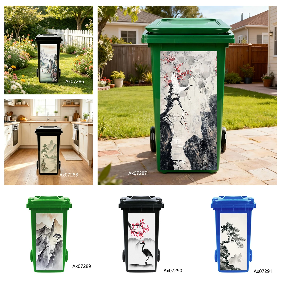 Removable 2D Flat Vintage Chinese Painting Misty Mountain Pine Print Sticker Durable For Outside Backyard Garden Wheelie Bin Use