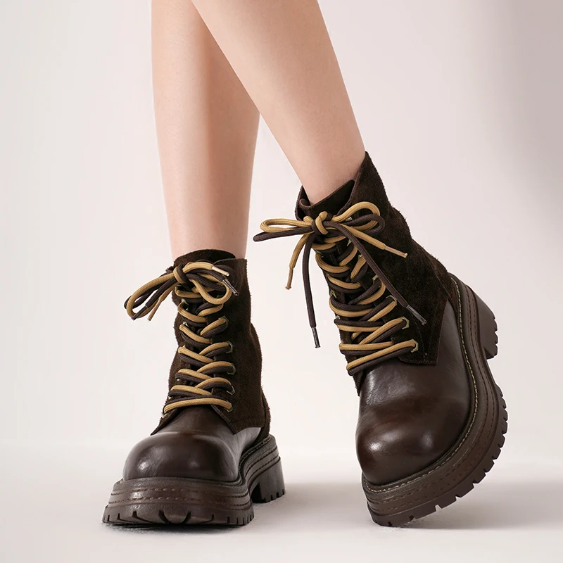 BEAUTODAY Ankle Boots Women Split Leather Solid Color Round Toe Chunky Heel Dual-Colored Shoelaces Ladies Shoes Handmade 04662