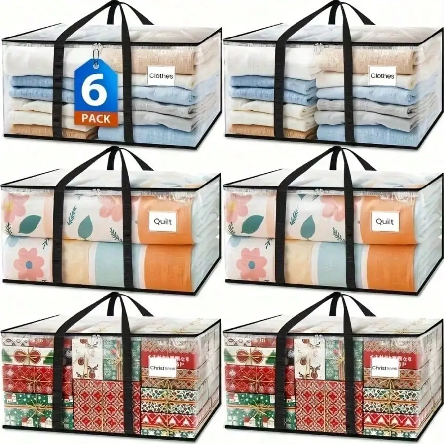 

6 PCS Clear Heavy Duty Moving Bags With Reinforced Handles And Double Zippers - Extra Large Storage Organizers For Clothes, Sheets, Toys - Clear And Blue Design For Easy Visibility, Perfect For Home Organization And Moving Essentials, Clothes Organizer St