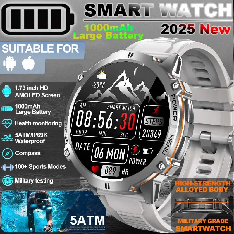 

2025 New Men Outdoor military smartwatch 1000mAh Large Battery 1.73" AMOLED IP69K 5ATM SWIM Waterproof Compass altimeter Watches