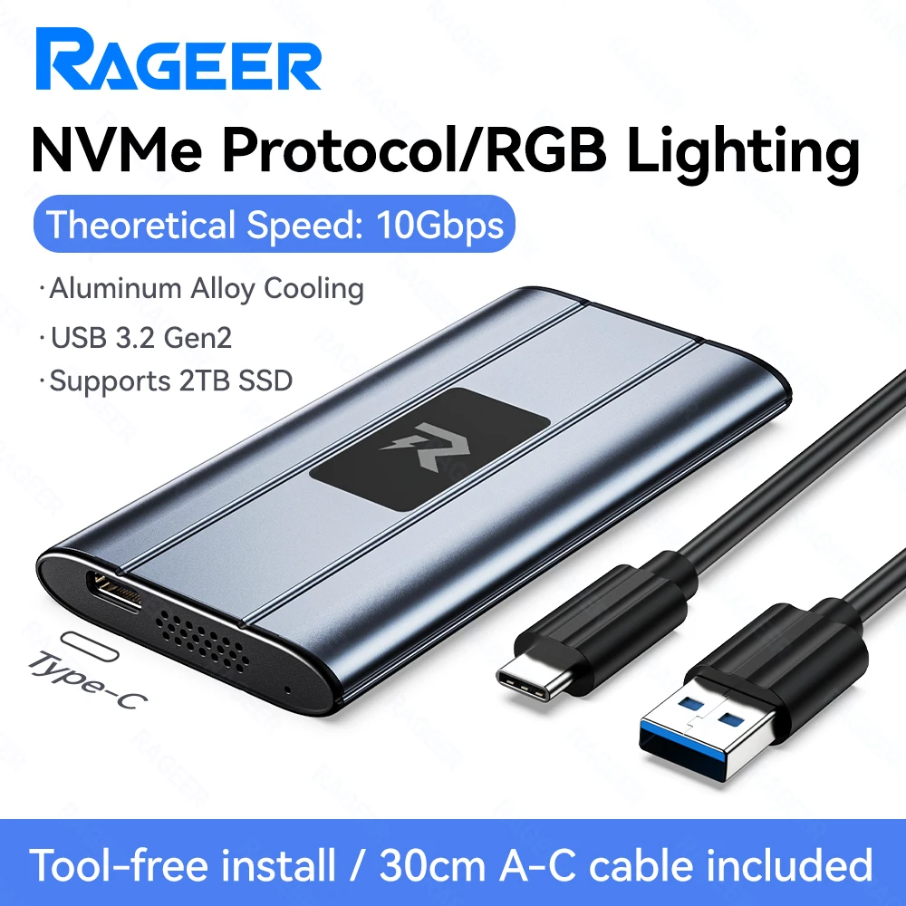 RAGEER RGB M.2 NVMe SSD Enclosure, USB 3.2 10Gbps Adapter Aluminum Alloy Mobile Solid State Disk Case Support 4TB Capacity