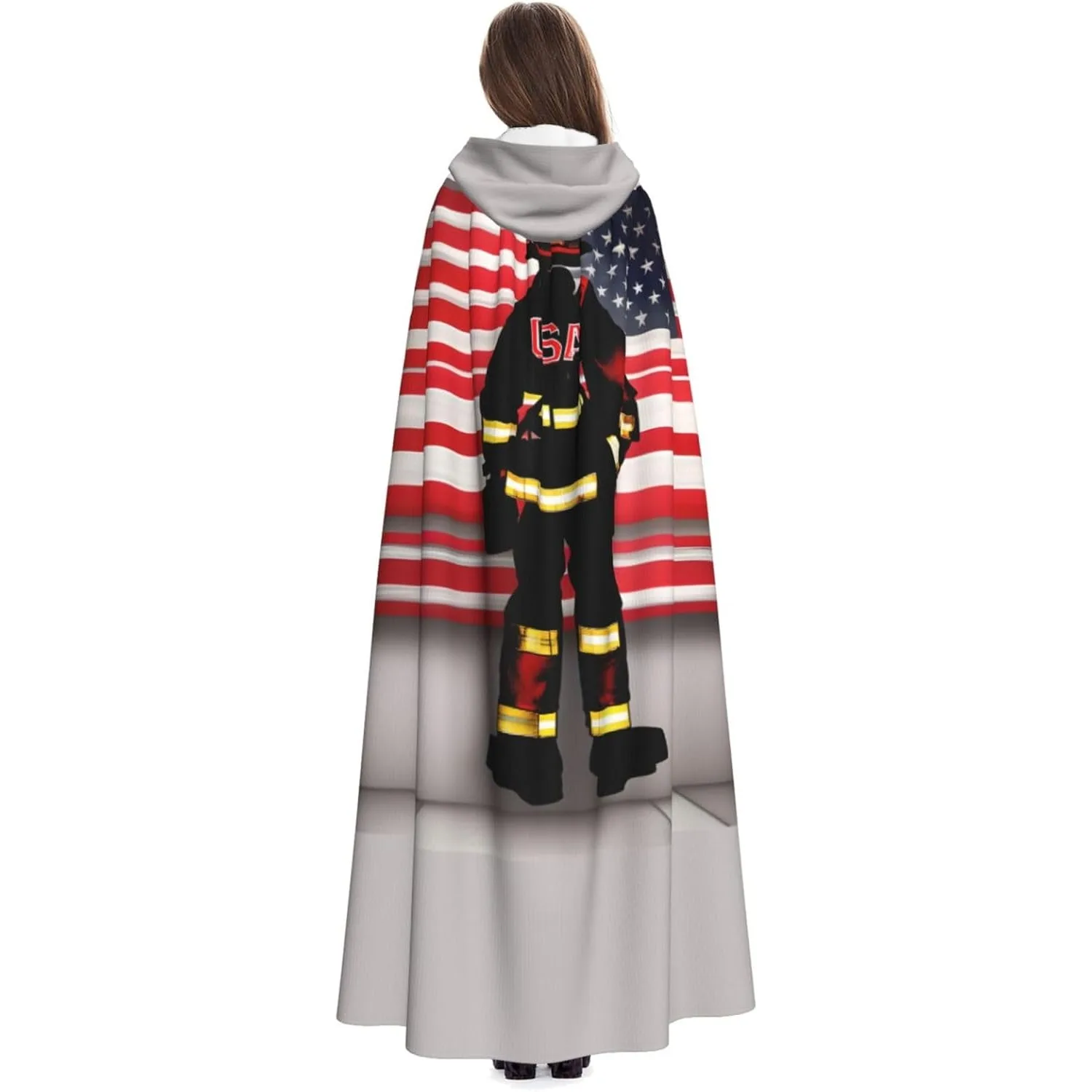 

Red Stripe Firefighter USA Flag print Adult Hooded Cape Carnival Festival Cape Cosplay Robe Costume party Gothic Carnival