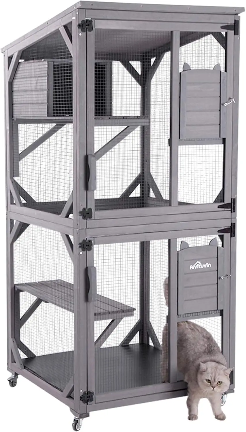 Cat House Outdoor Catio Cat Enclosures on Wheels70.9 Kitty House with Upgraded Resting Box, Waterproof Roof, Cat House