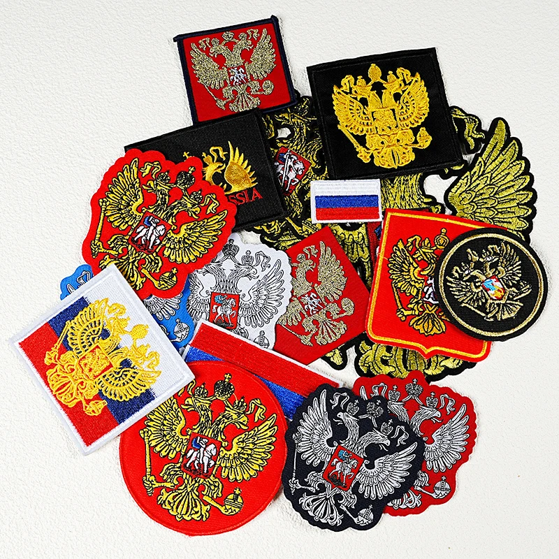 Russian GoldLine Eagle Embroidery Patch Eagle Flag Emblem Iron On Patch Hand sewn Weaving Mark Arm Badge Hat Clothing Label