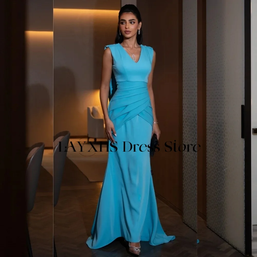 LAYXHS Elegante blaue Meerjungfrau-Abendkleider mit V-Ausschnitt und Falten, bodenlang, Damen-Abschlussballkleider, individuell gestaltet