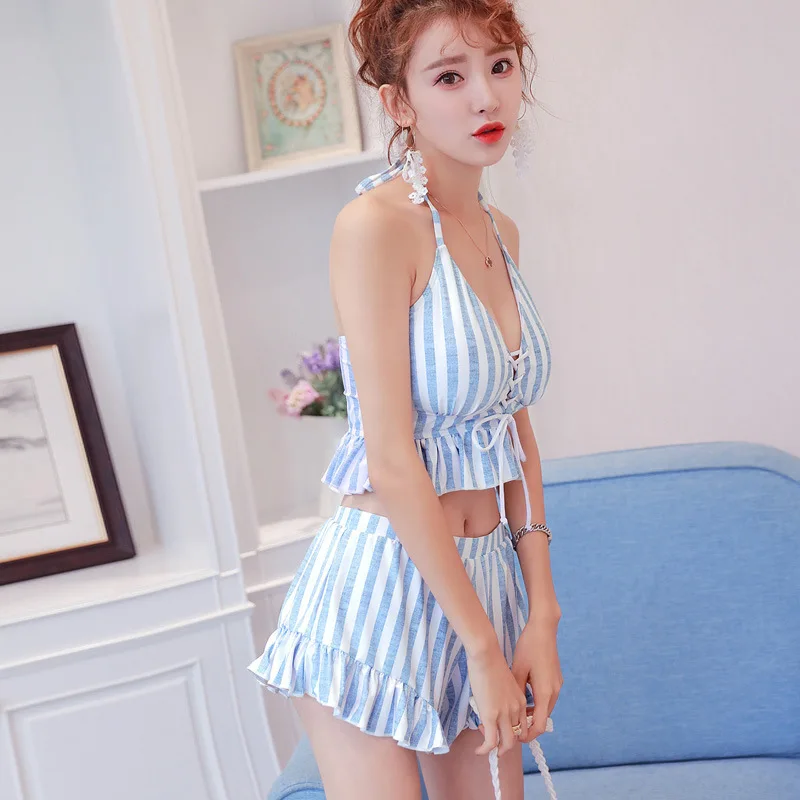 

Women's Split Swimming Suits Denim Stripes High-Waisted Bikini Three-Piece Set Bust-Up Slimming Petite Busts woman bikini set