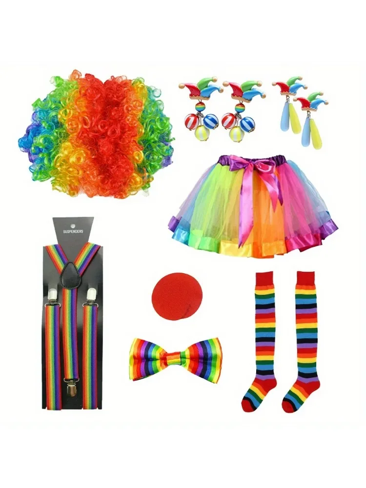 

PESENAR 8-piece clown suit women's Circus Clown rainbow dress clown wig with nose shorts gloves for Halloween role play
