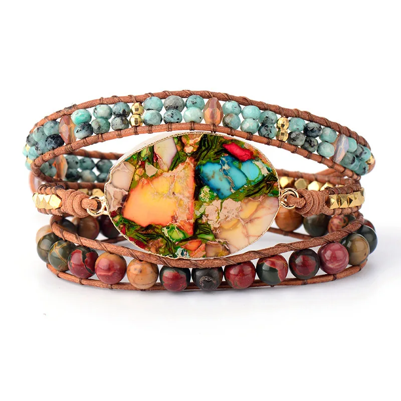 

Europe And The United States Hot-selling Color Emperor Stone Creative Beaded Hand-woven Leather Multi-layer Winding Bracelet
