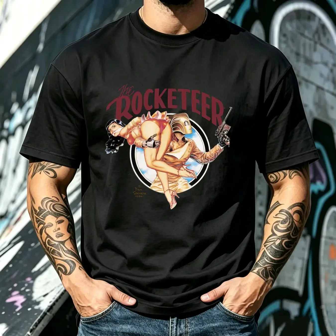 washed T Shirt Rocketeer Men's XL Graffiti Comic Book Science Fiction Dave Stevens 1984 long or short sleeves vintage Washed