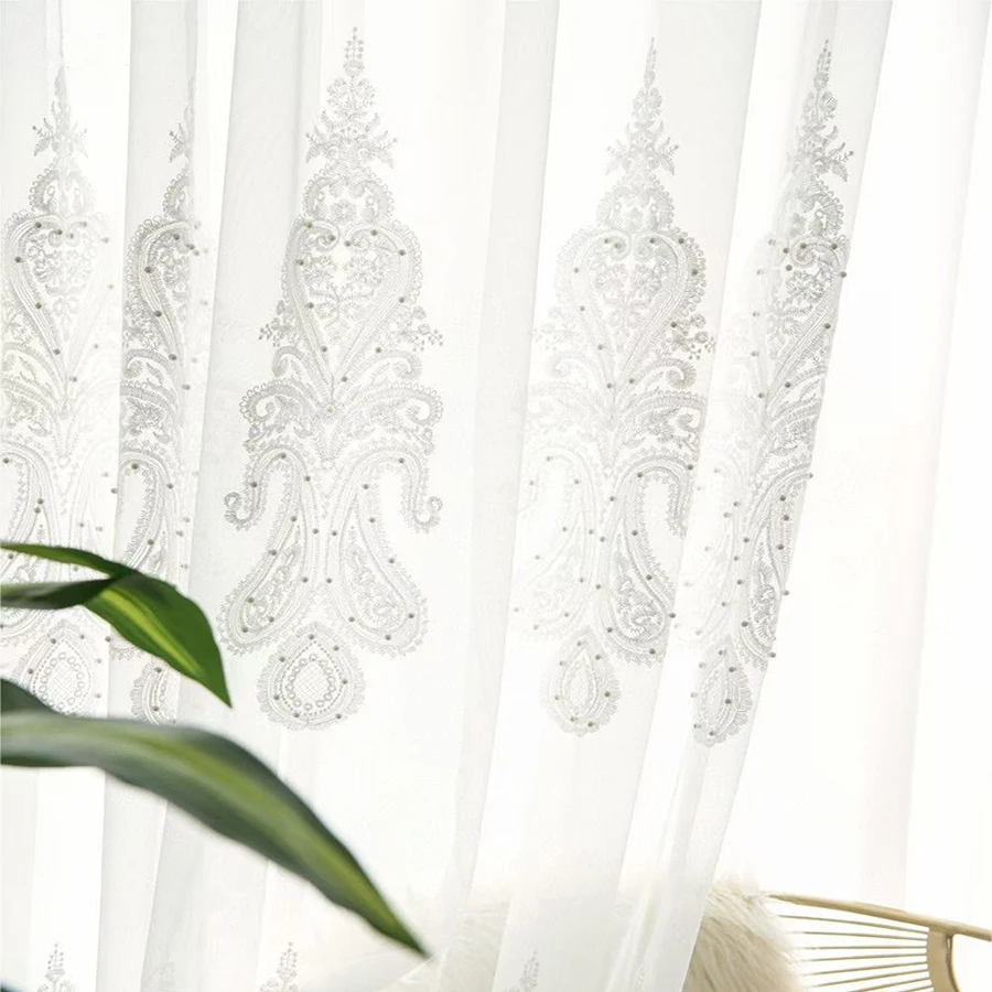 Delicate White Pearl Sheer Voile Luxury Embroidered Tulle Curtains for Living Room Romantic Gold Wire Line Wedding Decor M201-5