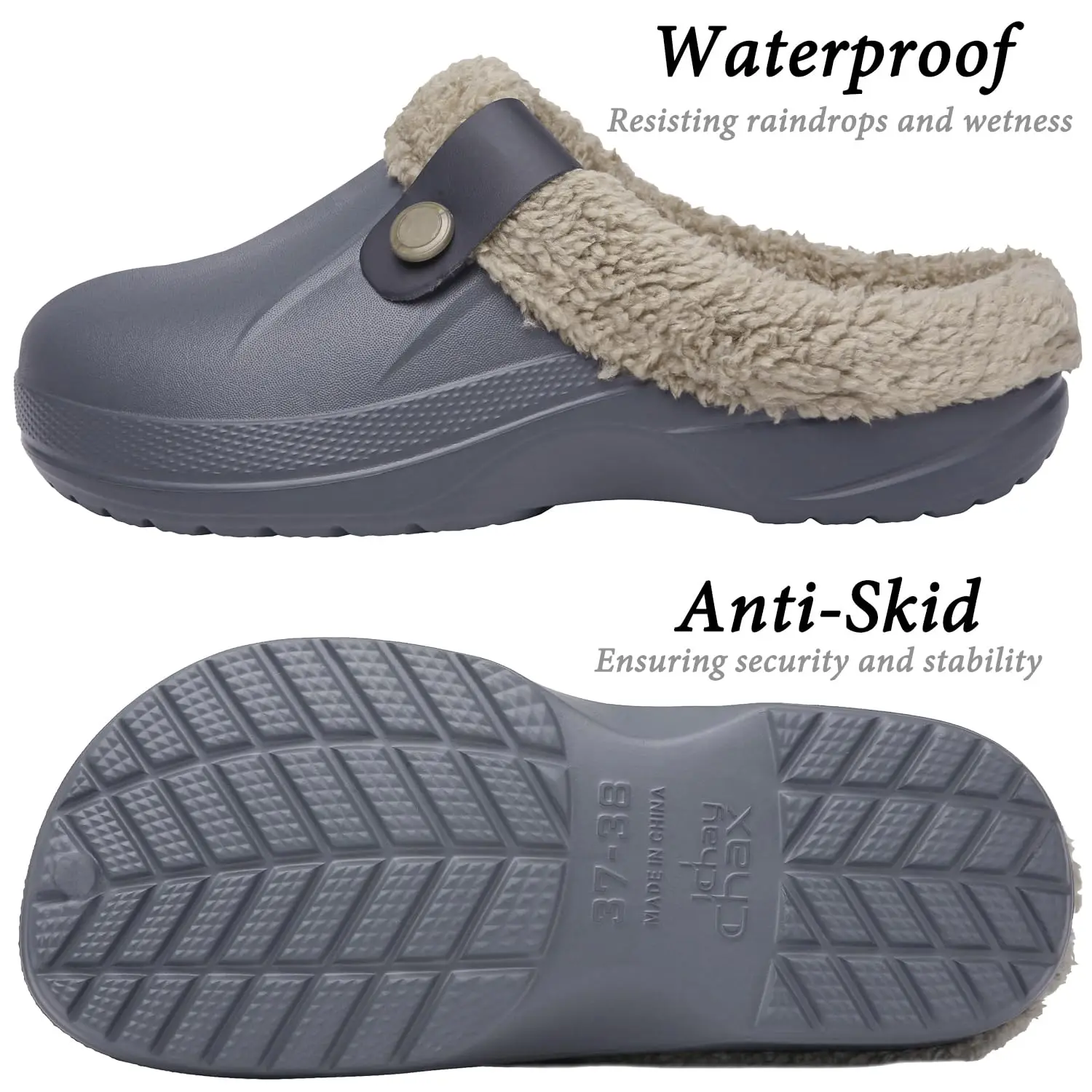 Lächeln Winter Pelz Gefüttert Clogs Frauen Fuzzy Hausschuhe Männer Warme Hausschuhe Erwachsene Outdoor Wasserdichte Hausschuhe Komfort Garten Clogs – Detail 39