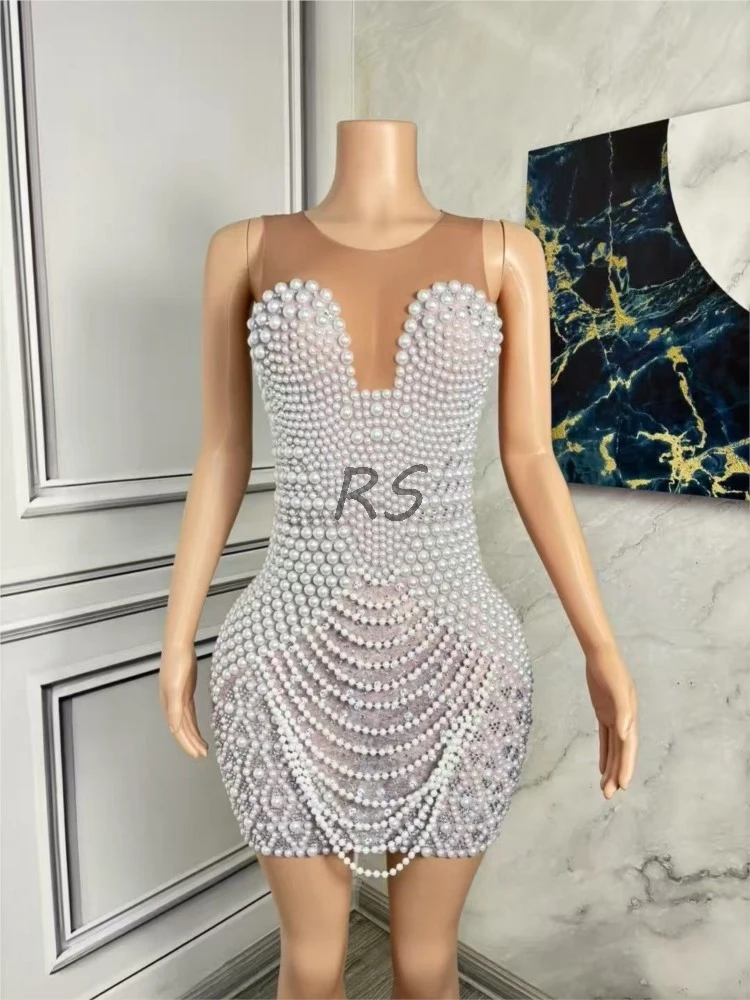 

Elegant White Evening Prom Dress for Women Sequined Pearls Rhinestones Sexy Mesh Party for Photoshoots Stage Wear for Birthday