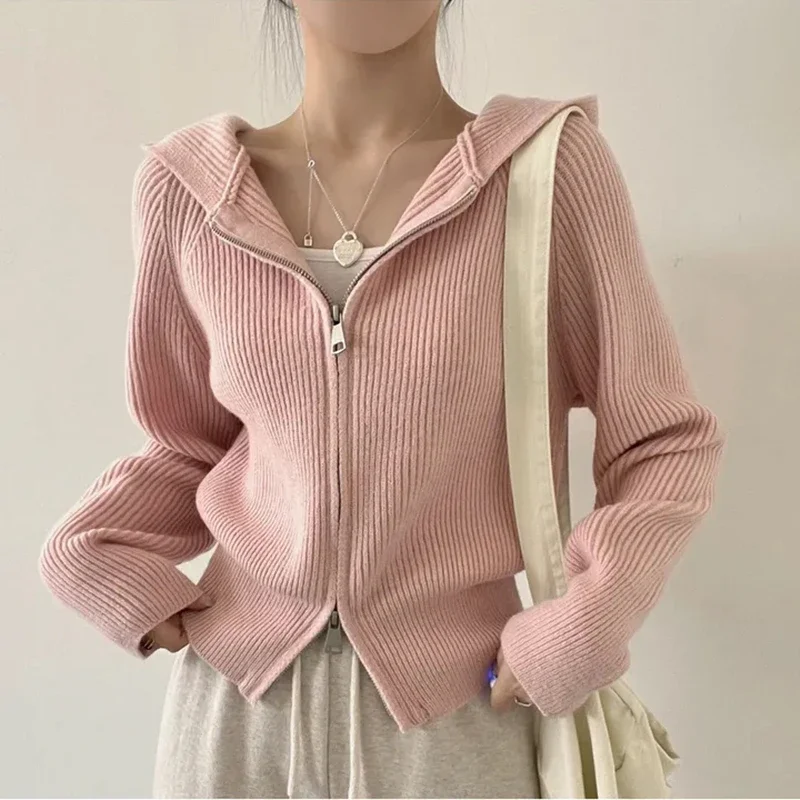 korean Long sleeve pink Short coats Tops Sweaters autumn winter Women zipper Knitted Cardigan casual loose solid hooded Sweater