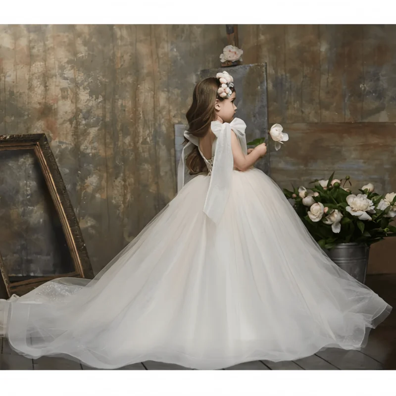 Custom Ivory Flower Girl Dress Sweetheart Neck Bow Fly Short Sleeve Vintage Art Studio & Church Wedding Costume