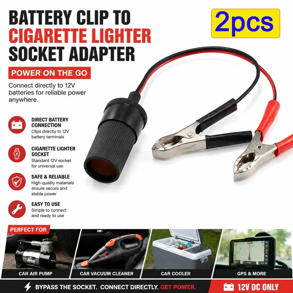 2pcs 12V Car Cigarette Lighter Socket To Battery Alligator Crocodile Clip Connector Extension Cable Adapter Socket