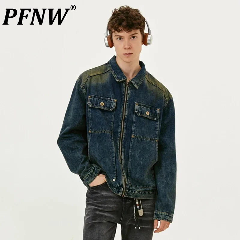 

PFNW American Style Men's Denim Jackets Worn-out Zipper Loose Turn-down Collar Contrast Color Male Coats Autumn Trend 12C585