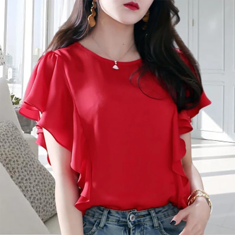 Summer Korean Style Oversized Ruffles Simple Chiffon Shirt Ladies Short Sleeve Loose All-match Top Women Casual Fashion Blouse