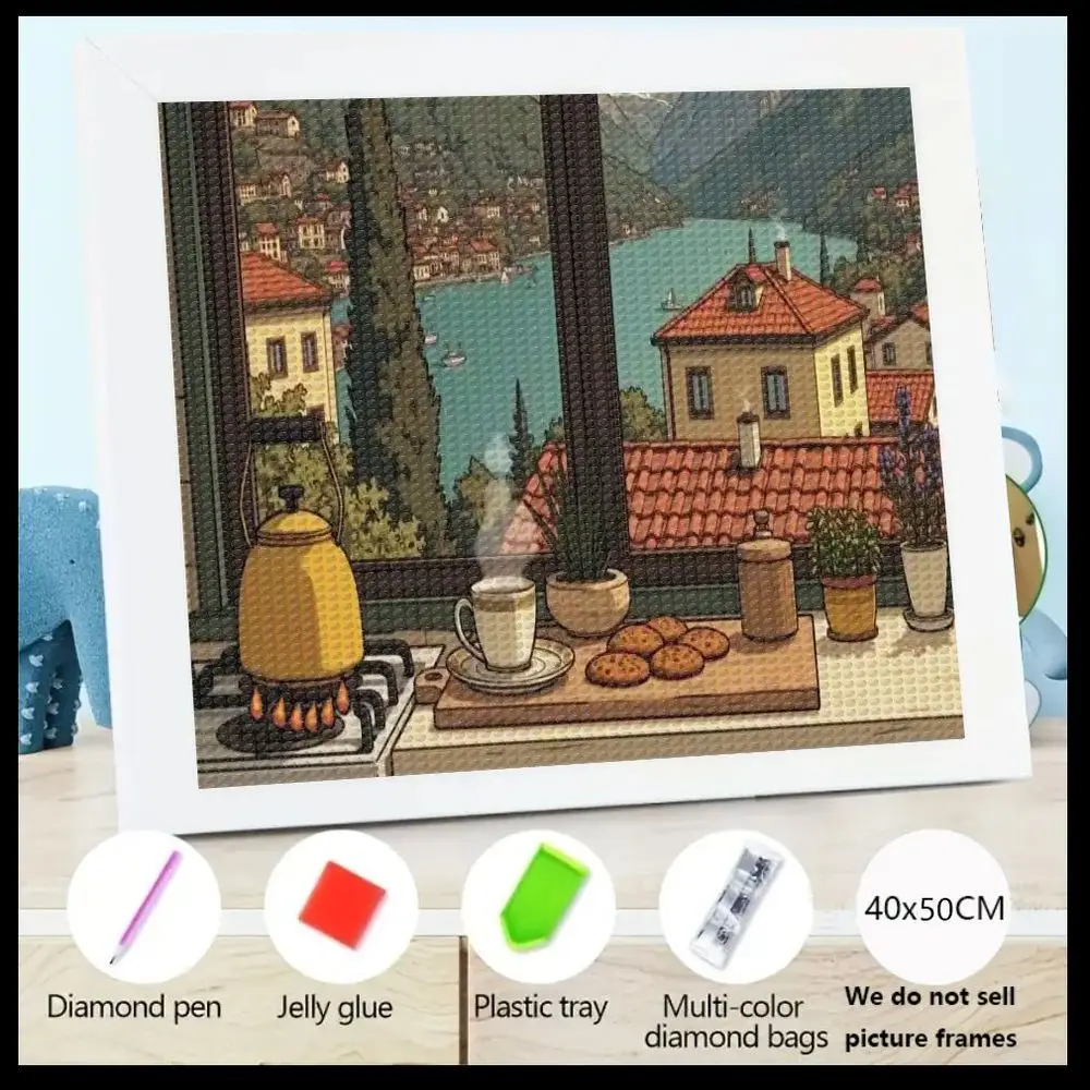 

Набор для алмазной вышивки 5D, 40x50 см, «Уютная кухня с видом на озерное городище» — Набор для творчества «Сделай сам» с полным покрытием, включает инструменты
