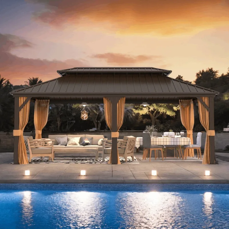 

Беседка EROMMY размером 12 x 20 футов из оцинкованной стали с двухслойной крышей и устойчивой к ультрафиолетовому излучению сеткой/шторами для патио, террасы, сада