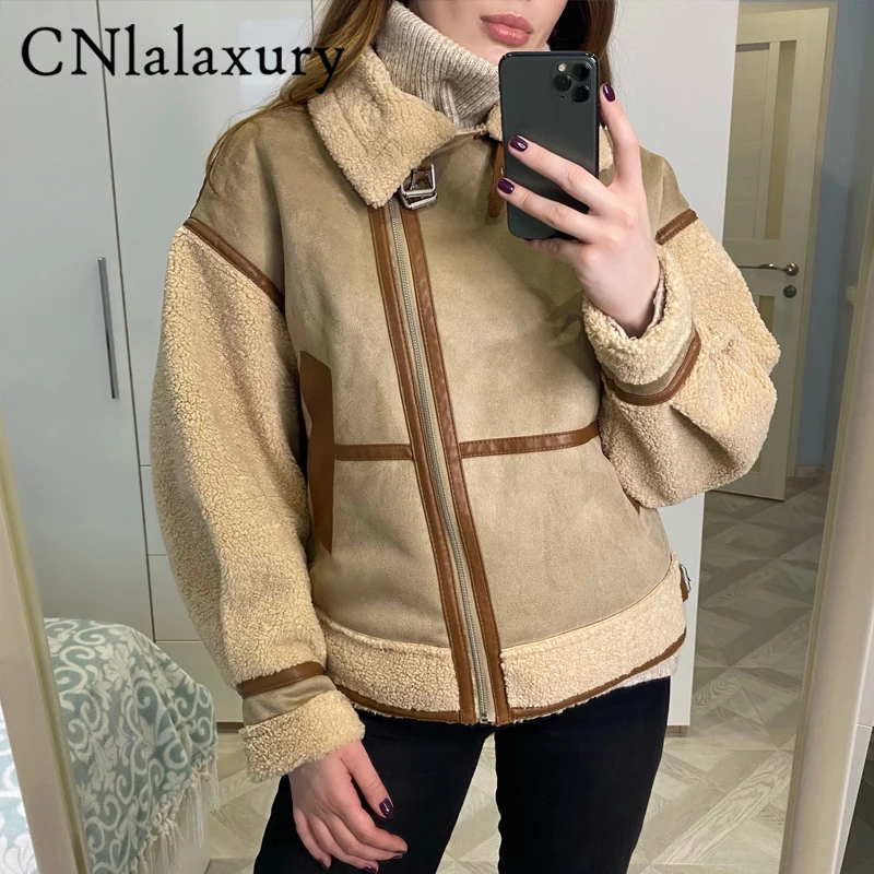 CNlalaxury 2023 Winter Women Thick Warm Vintage Patchwork Suede Lambswool Jackets Loose Faux Leather Outerwear Top Female