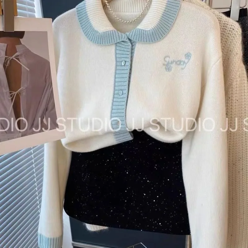 Colletto per bambola, maglione polo cardigan lavorato a maglia bianco sporco, giacca ricamata con riso viola, top autunnale e invernale