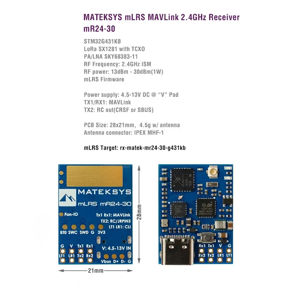 MATEKY MR24-30 2.4GHz LoRa 30 dBm RF power RX MLRS MAVLINK 2.4G RECEIVER For Long Range Rc model