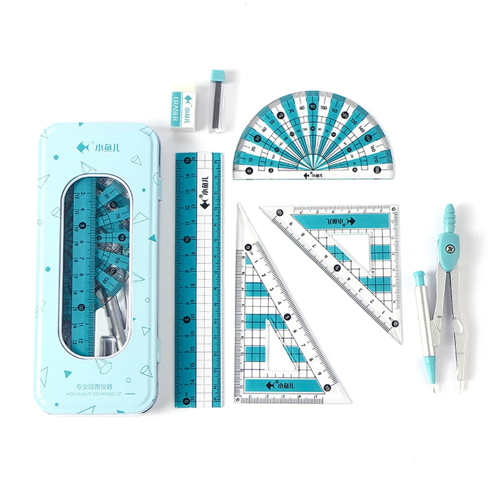 Compass Ruler 8 In1 Set Mathematical Geometry Plate Stationery Portable Storage Metal Box Math For Students Drawing Accessori