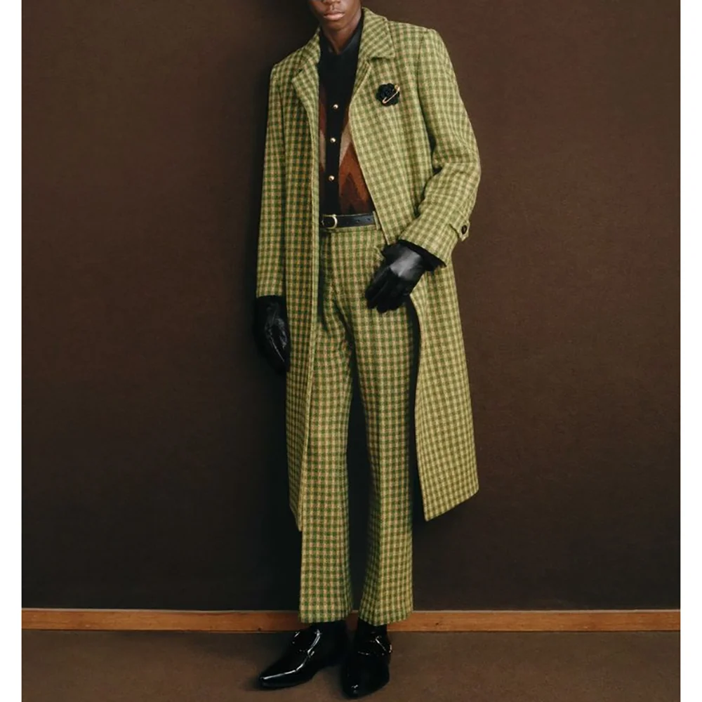 

Green Plaid Men's Suits Long Coat 2 Pieces Blazer+Pants Business Casual Travel Dinner Party Banquet Custom Suit
