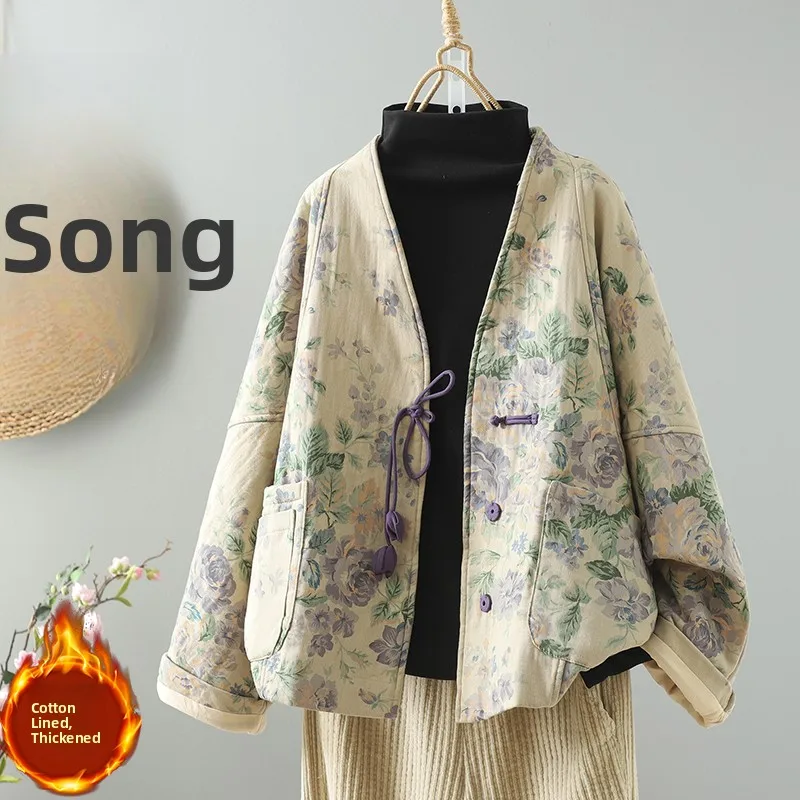 Chaqueta de Aodón para Mujer, Talla ande, Cuello en V, Estampado Informal, Estilo Retro Chino, Artística, Abrigo de Otoño...
