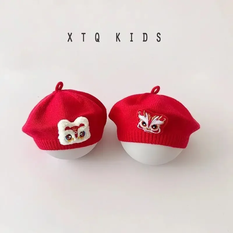 4Months-3 Years Baby Hats Kids  Winter Boys Girls Red Wool Berets Chinese New Dragon Year Anniversary Painter Knitting Tang Suit