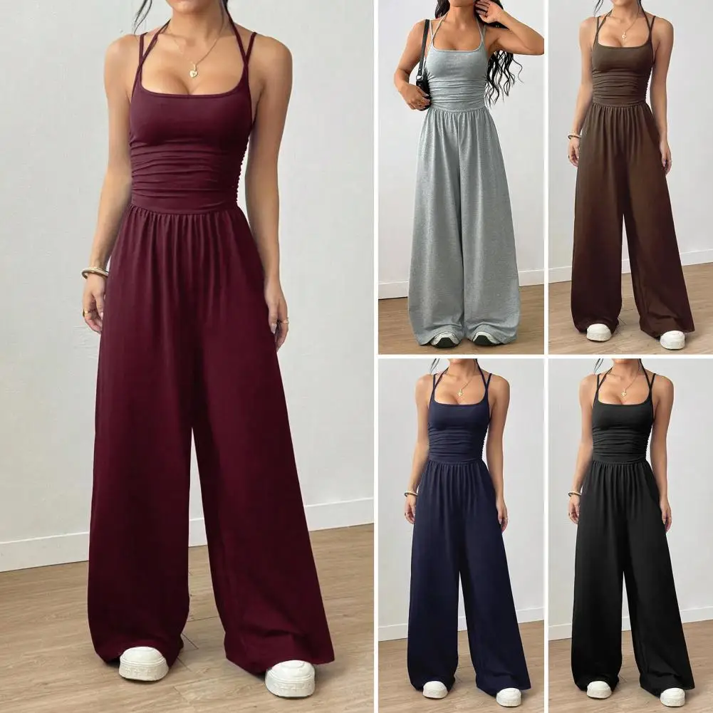 

Женский повседневный комбинезон 2026 года, однотонный, плиссированный, свободного прямого кроя, А-силуэт, с открытой спиной, на бретельках, облегающий, в стиле стритвир, 2025