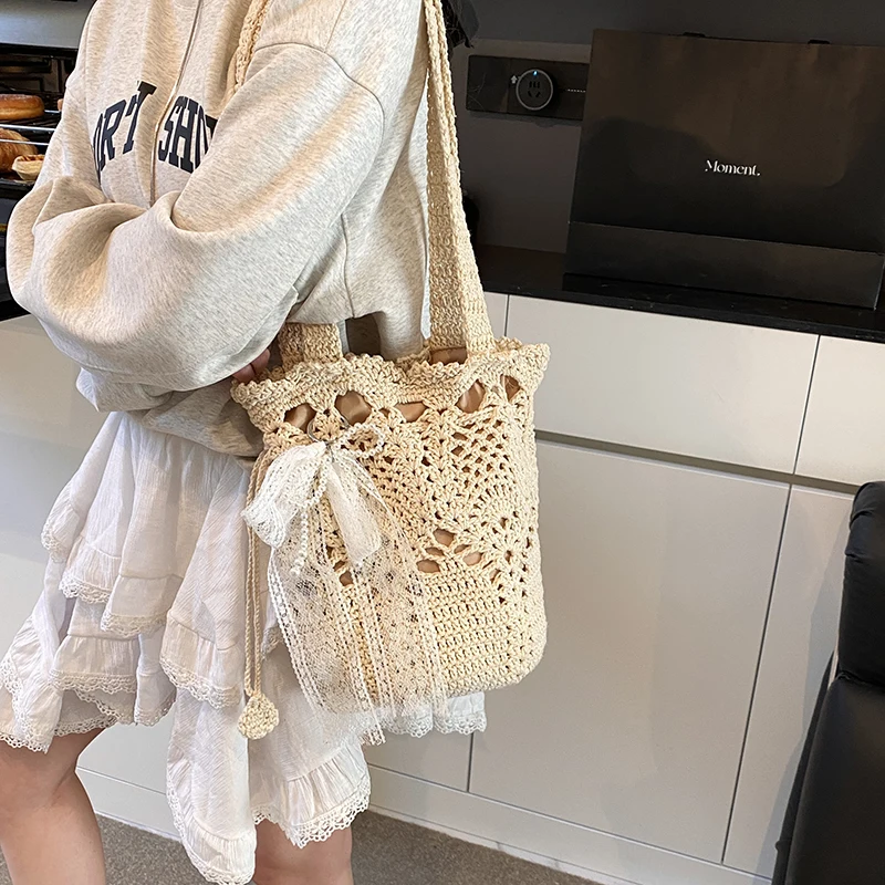 

Lace Knot Beach Vaion Sle Knitted Buet Bag Women's Loose Travel Hollow Knitted Bag Underarm Buet Bag