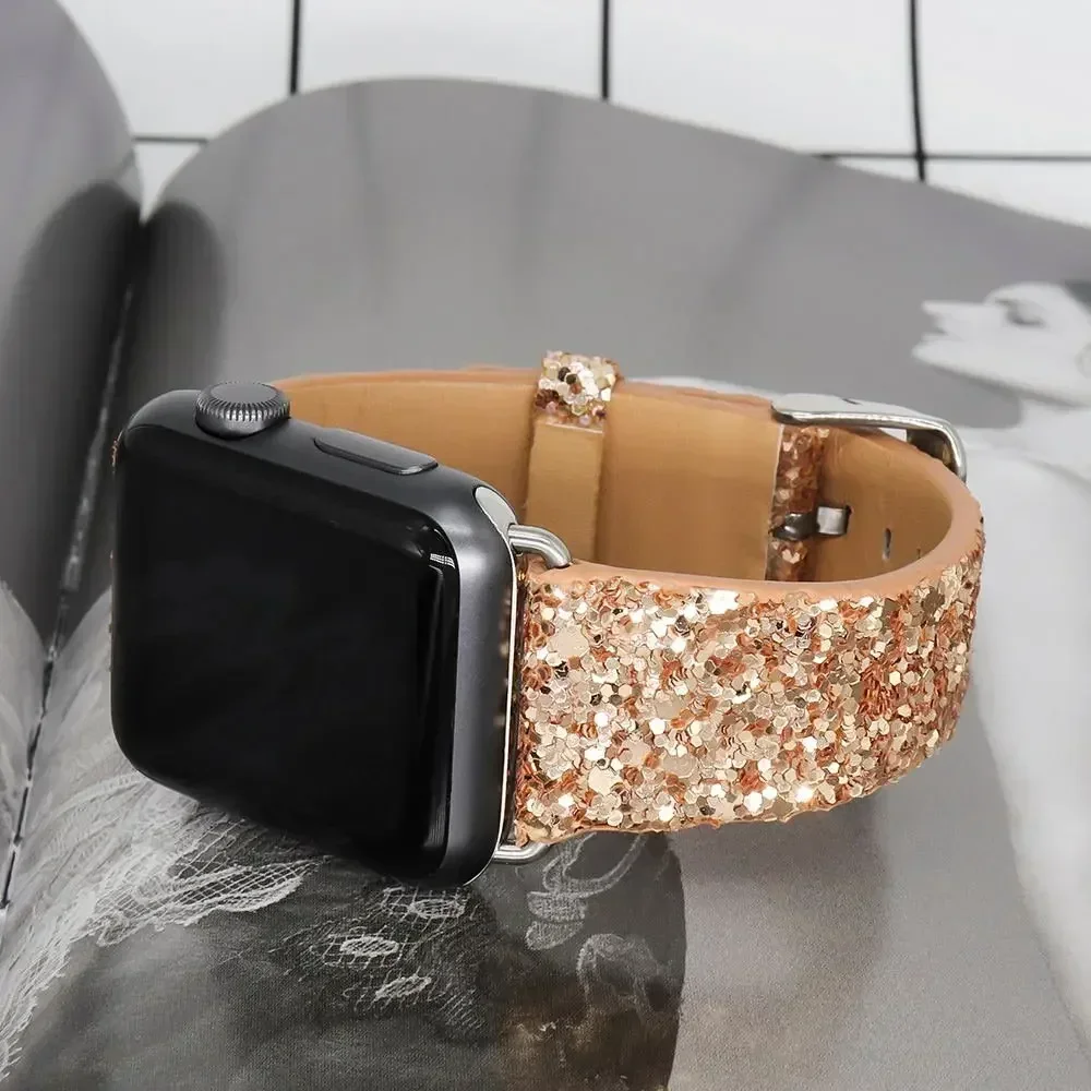 Bling Leather Strap for Apple Watch Band Ultra 2 49mm 40-42mm 44mm Women Glitter Bracelet iWatch Series 9 7 8 6 5 4 3 41mm 45mm