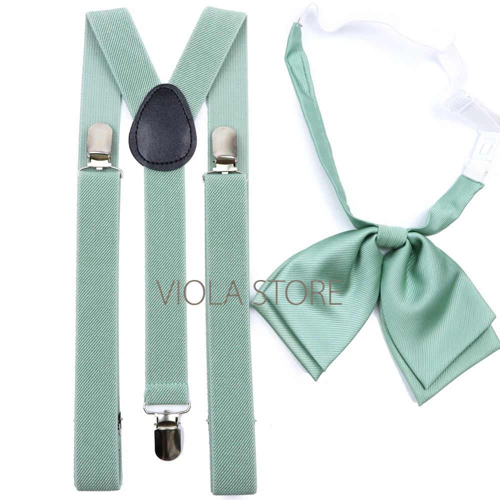 Hot New Sage Green Solid 2.5cm Suspender 6cm Tie Hankie Bow Set Men Kid Cravat Brace Adjustable Straps Wedding Party Accessory