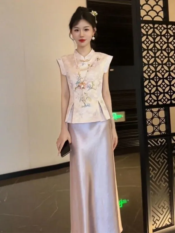 High-Quality Elegant Chinese Style Two-Piece Set Summer New Waist-Cinching Top Half-Skirt Floral Print Breathable Long Sleeve