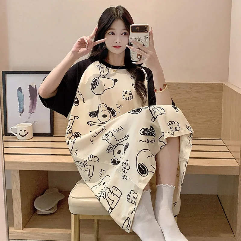 Snoopy short-sleeved nightgown for women summer cartoon new pajamas thin pure cotton cute over-the-knee outer wear home clothes