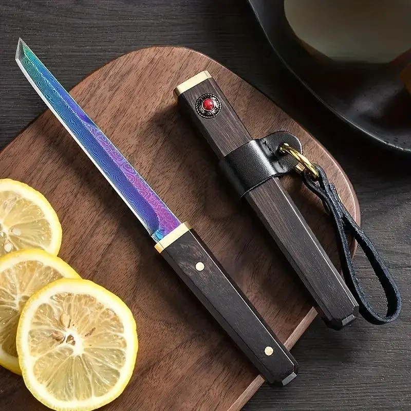 1pc, Damascus Steel Tanto Knife - Mini Katana Fixed Blade Knife for Fruit Slicing, Letter Opening, and Display Collection - Kitc