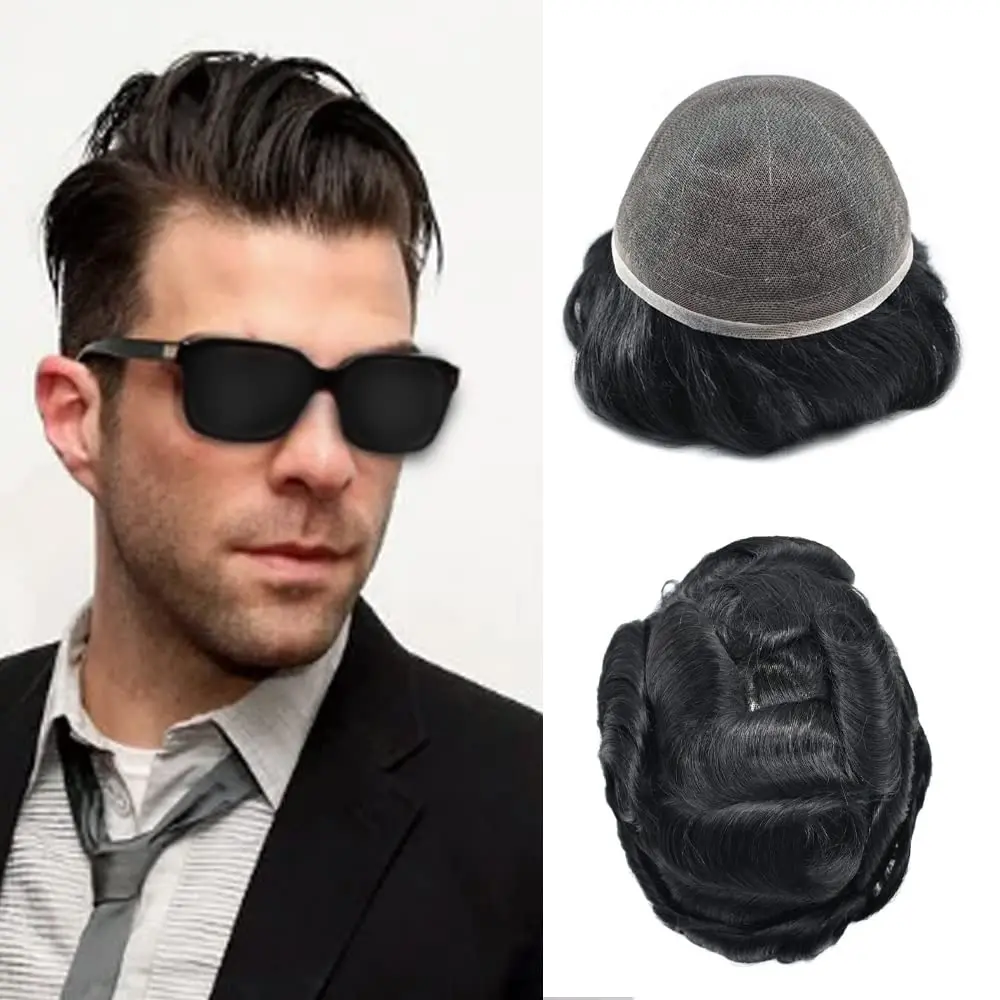 

Glueless 8x10 Full Lace Hair System - #1B Off Black 120% Density European Human Hair, Undetectable Replacement for Men