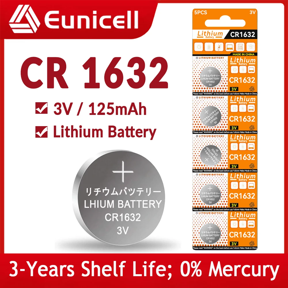 Eunicell 3 فولت 125 مللي أمبير CR1632 بطاريات خلايا العملة CR 1632 DL1632 BR1632 LM1632 ECR1632 بطارية ليثيوم زر لمشاهدة مفتاح بعيد