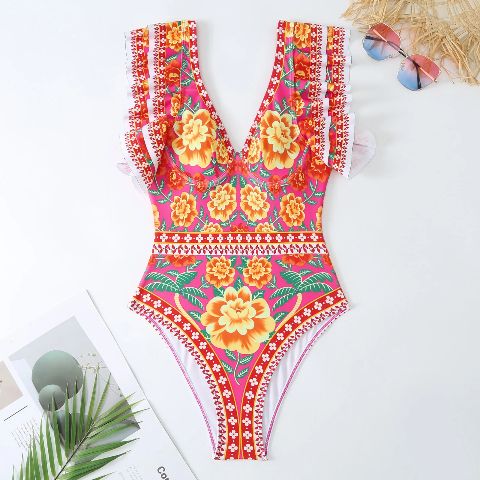 One Shoulder Ruffled Print Floral Swimsuit Set Bikinki Cover Up Single Piece Micro Monokini Sexy Swimwear For Girls Summer Beach