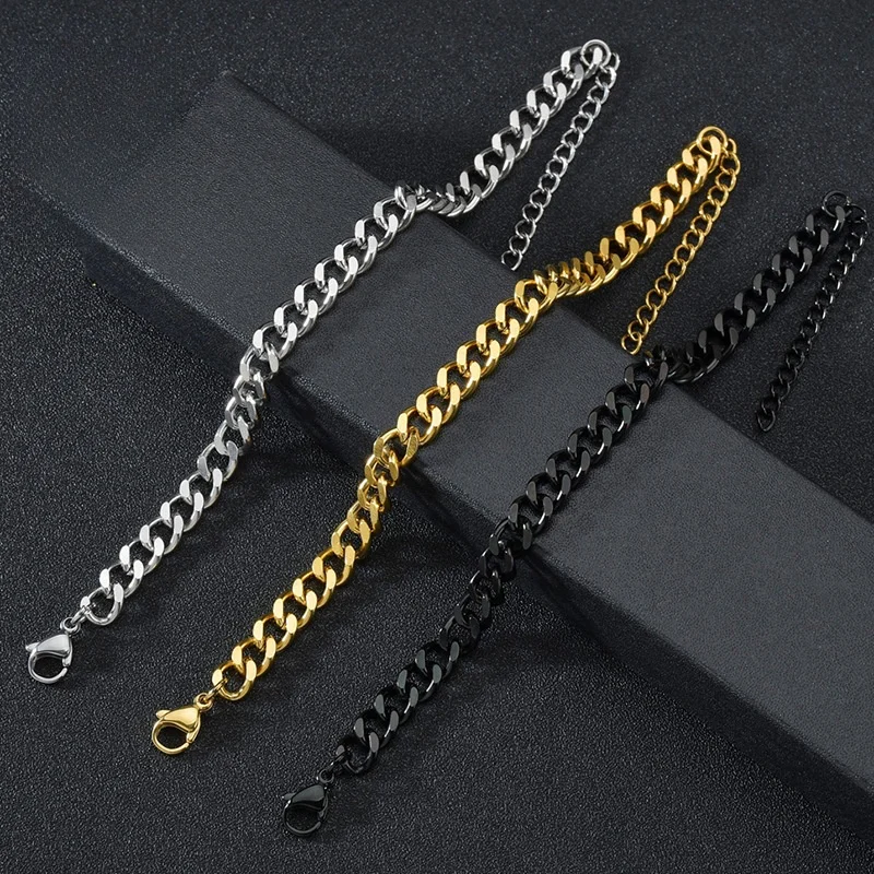 Fashion Stainless Steel 3 5 7mm Curb Cuban Chain Bracelet Women Men Bracelet  For Unisex Wrist Hand Jewelry Gift Party