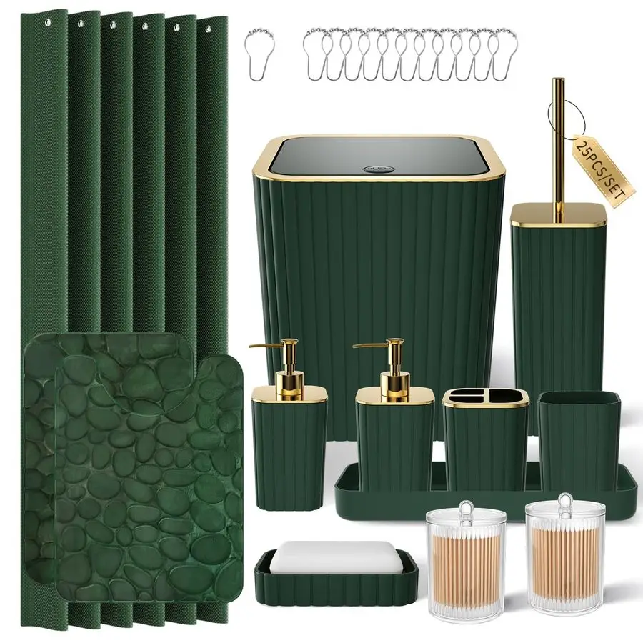 

Accessory Set 25PC Green Bathroom Sets, Bathroom Set with Shower Curtain and Rugs, Dark Green Shower Curtain Set, Trash Can, Qti