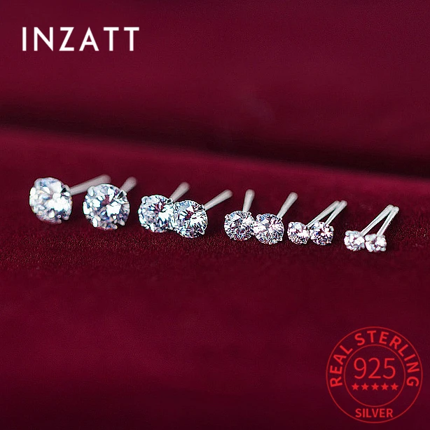 INZATT Real 925 Sterling Silver Round Zircon CZ Stud Earrings For Fashion Women Classic Fine Jewelry Minimalist Accessories