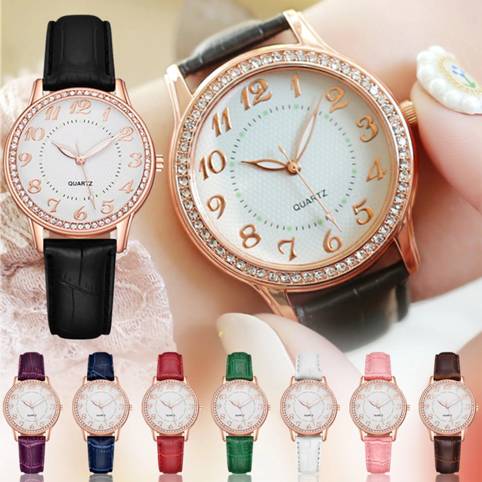 Diamond Inlaid Luminous Watch Women'S Exquisite Classic Leather Strap Wristwatches Daily Causal All-Match Quartz Watch