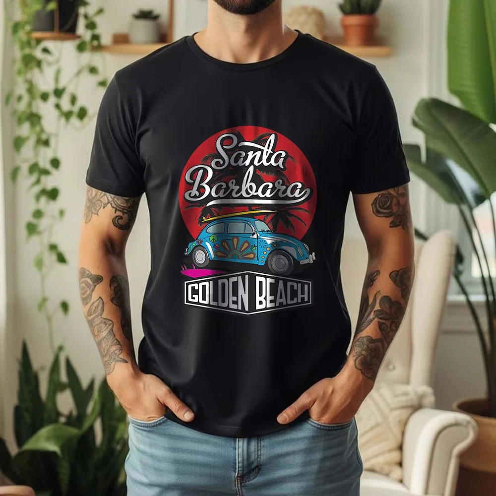 Camiseta de Vacaciones Santa Bárbara 100% Algodón, Estilo Retro con Diseño de Coche Beetle, Estilo Playero, Holgada, Transpirable, Casual, de Manga Corta