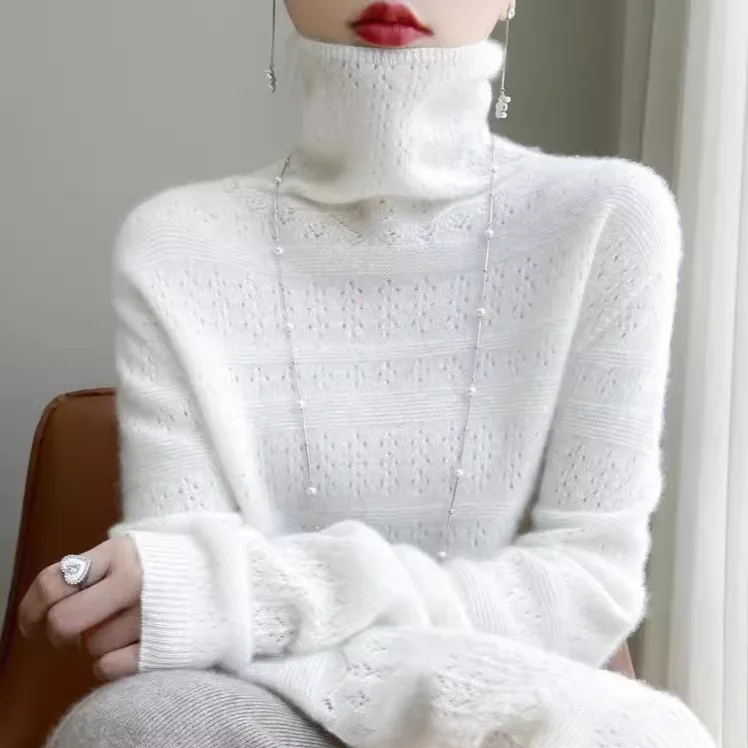 

Модный ажурный вязаный свитер с высоким воротом для женщин, базовая кофта, осенне-зимняя новинка, свободный крой, длинный рукав