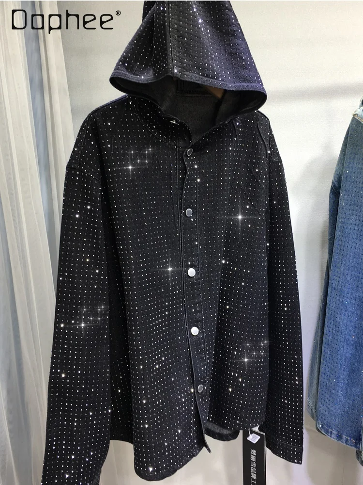 Giacca nera con strass pesanti da donna Cappotto con cappuccio di media lunghezza allentato blu denim lucido Giacca di jeans versatile monopetto