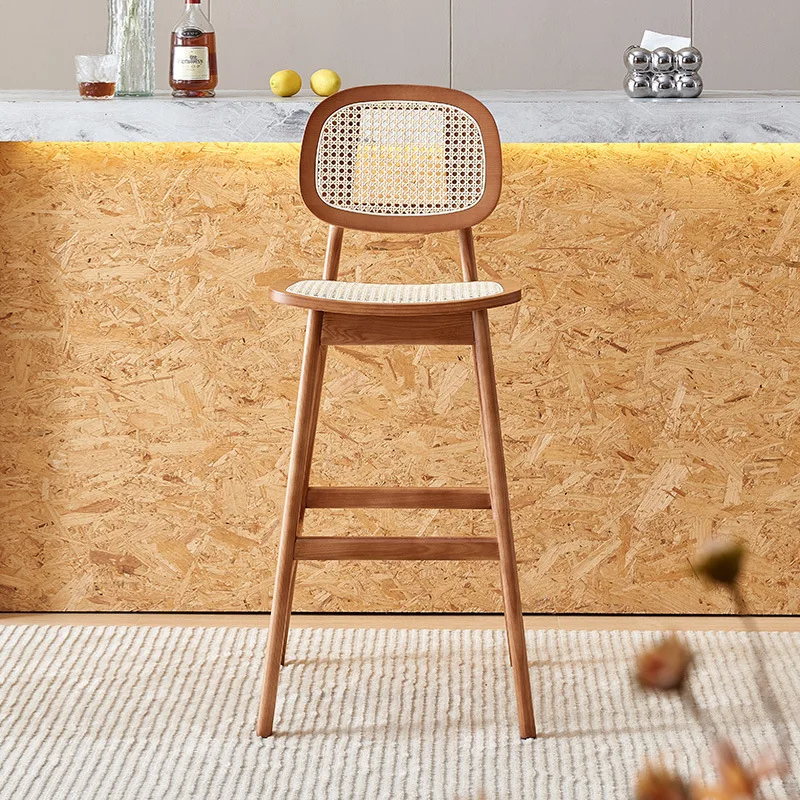 Nordic rattan chair Japanese solid wood bar chair coffee shop home leisure real rattan chair milk tea shop high bar chair