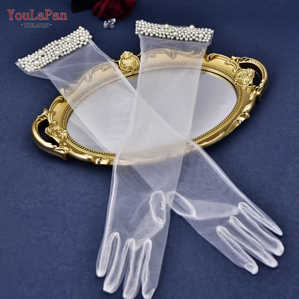 Youlapan VM01-A Perle Braut handschuhe 1 Paar Tüll Hochzeits handschuhe transparent lang über dem Ellbogen DIY Tüll Bachelorette Party